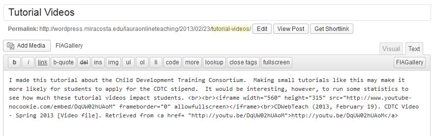 Screenshot of WordPress post html code including embed code for a YouTube video.