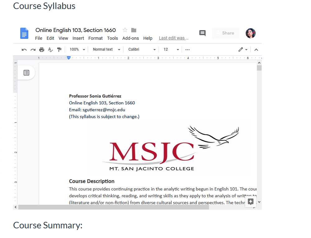 English 103 Syllabus. All my classes now embed a Google.docs syllabus. 